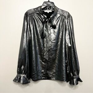 Preston & York Metallic Steel Gray Button Front Tie Blouse Size 16